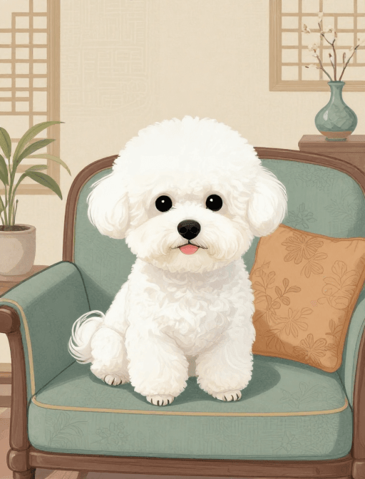 居家环境素材：国风水墨比熊犬居家温馨插画