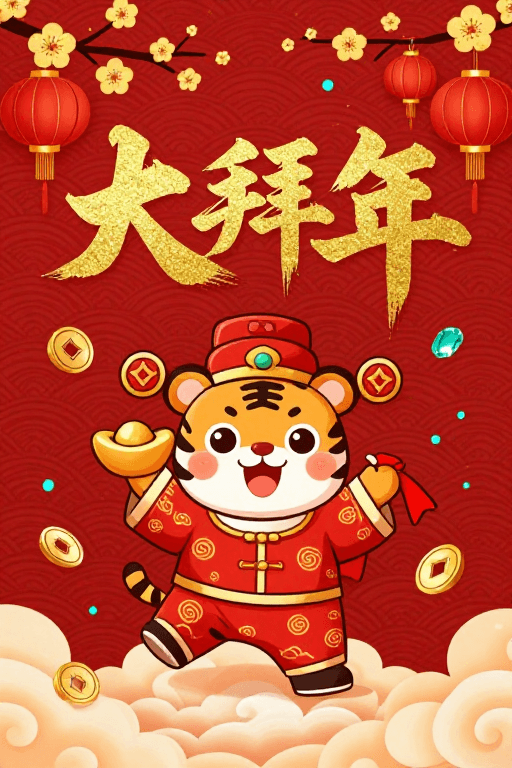 中式传统素材：喜庆新年大拜年：中式传统插画海报设计