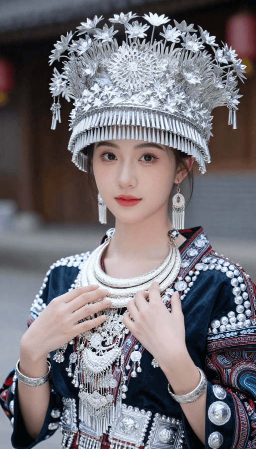 高端人像摄影素材：苗家少女银饰盛装：高贵典雅的青春之美