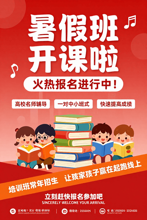 培训推广素材：暑假班火热开启！卡通插画风招生海报