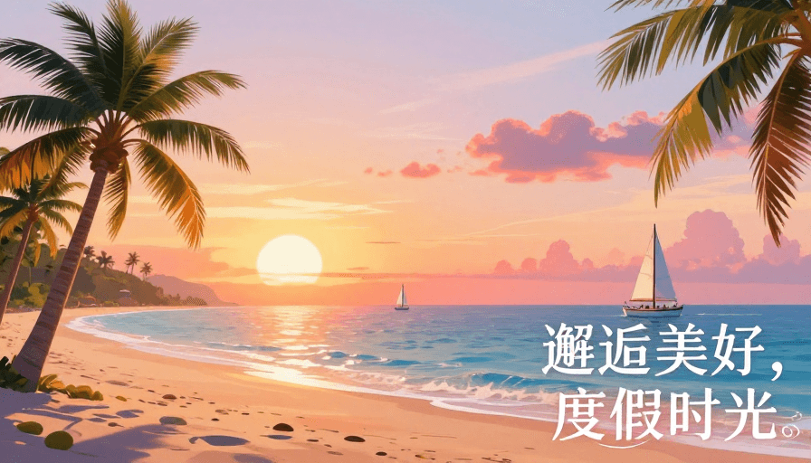 PPT背景素材：浪漫梦幻夕阳海滩与帆船，邂逅美好度假时光