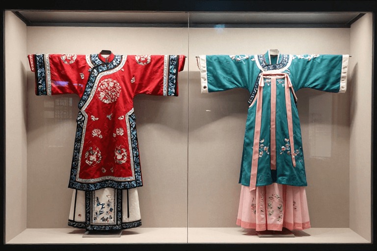 传统中式服饰素材：传统中式服饰博物馆摄影：双套绣花长袍细节展示