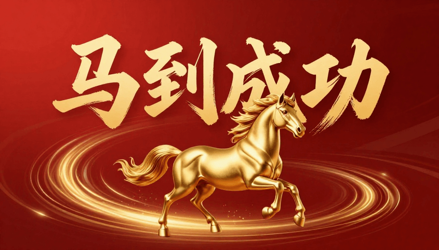 春节贺岁素材：金笔书‘马到成功’，骏马奔腾红金辉映