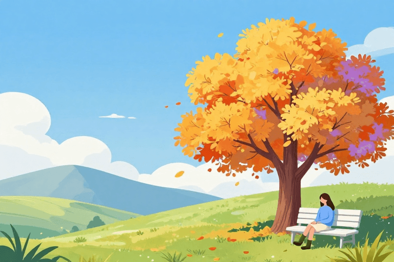 秋季风景素材：秋日治愈插画：静谧树影与沉思少女