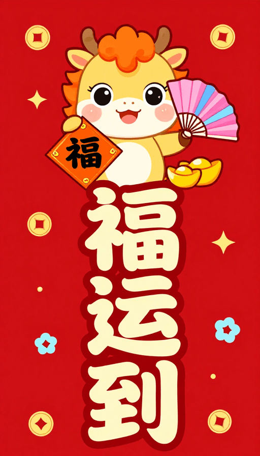 好运祝福素材：喜庆春节卡通小马插画海报