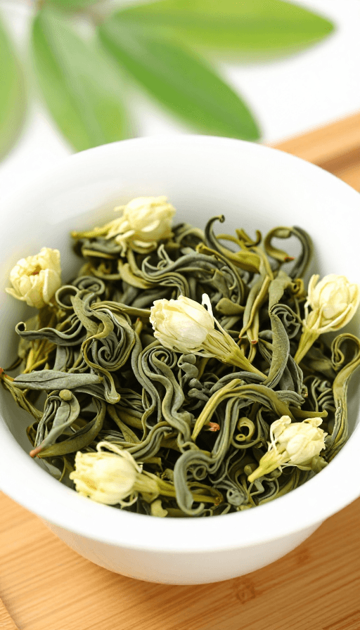 木质桌面素材：高清真实茉莉花茶碗装实拍