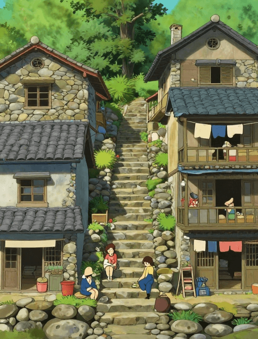 温馨氛围素材：宫崎吉卜力风乡村石屋日常全景插画