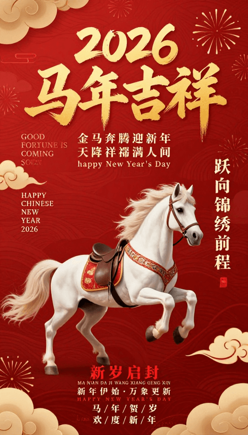 生肖文化素材：2026马年吉祥：喜庆中国新年祝福海报