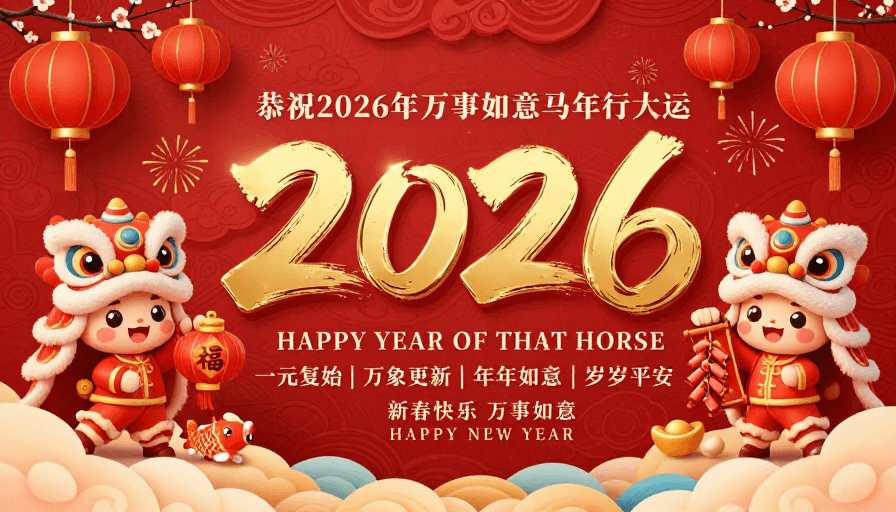 喜庆祝福素材：立体金色书法'2026'与舞狮贺岁：中国风新年海报