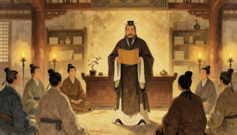 讲堂教学素材：孔子古讲暖光晕染古风插画