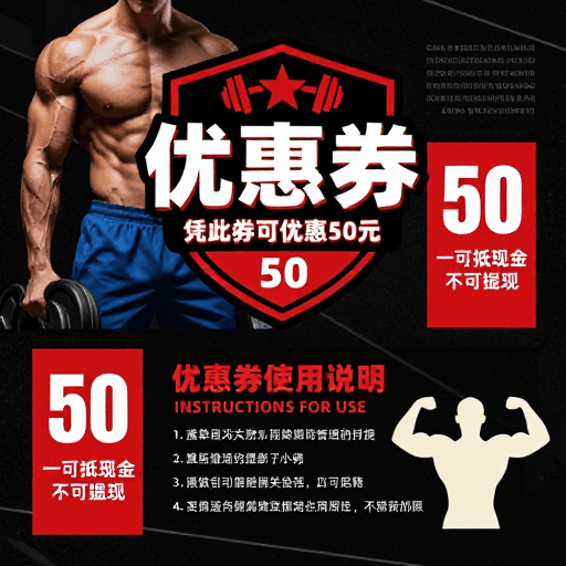 优惠券设计素材：硬核健身·50元优惠券黑红工业风海报