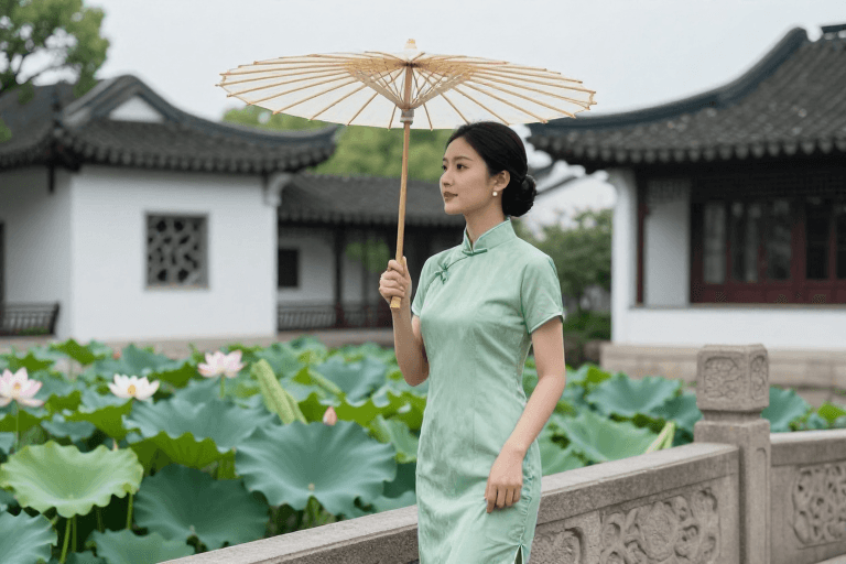 古风摄影素材：江南桥畔旗袍佳人侧影