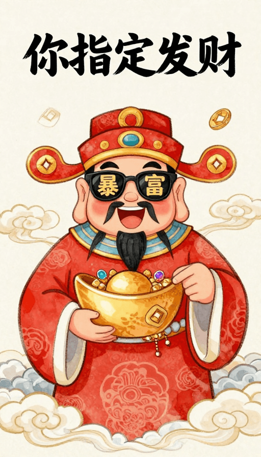 聚宝盆元素素材：水彩财神爷插画：墨镜遮‘暴’富，祥云聚宝盆招财