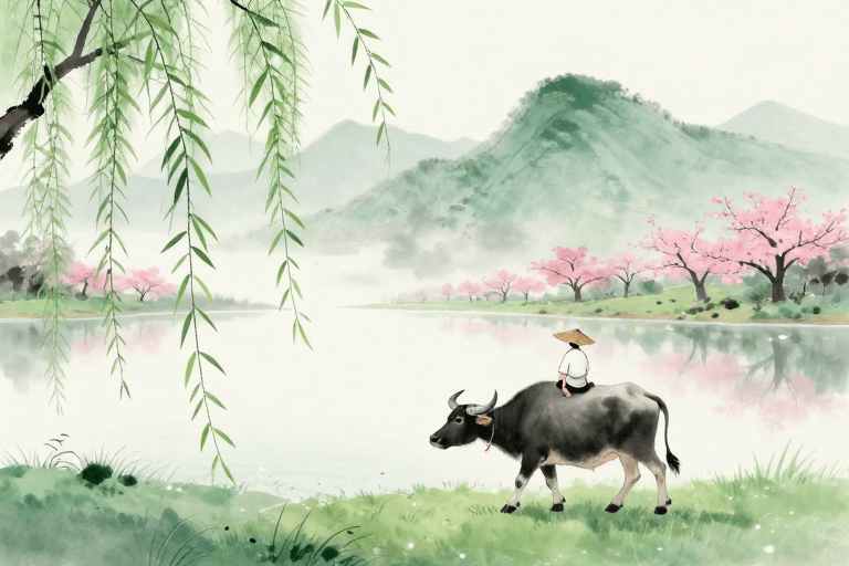 传统中国风素材：青绿牧归图：传统水墨意境的诗意画卷