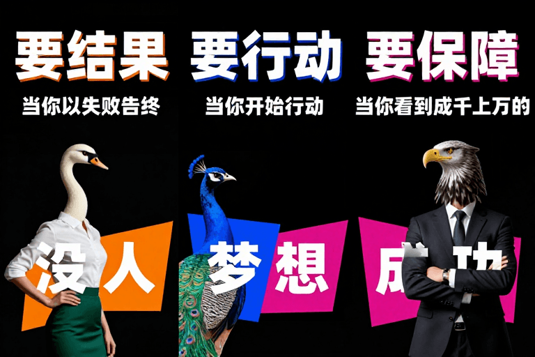 高对比度素材：现代企业激励文化海报：结果行动保障的视觉冲击