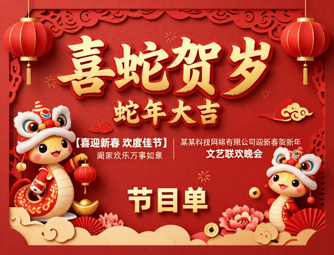 中国风设计素材：喜庆中国风新年主题海报：喜蛇贺岁 阖家欢乐