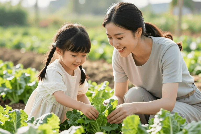 自然柔光素材：温馨家庭菜园采摘瞬间：自然柔光下的亲子温情
