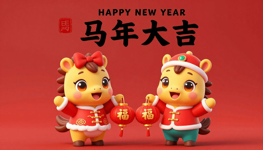 中国风元素素材：新春贺岁：双萌小马齐献福运
