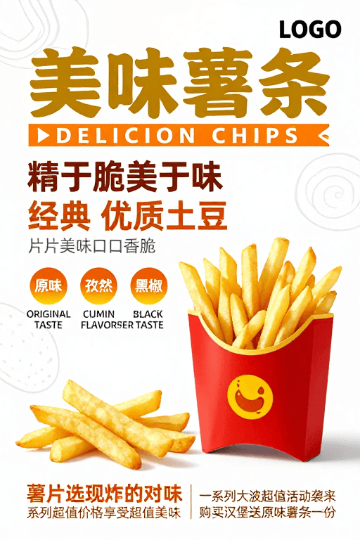 暖橙色调素材：现代暖橙风薯条美食宣传海报设计