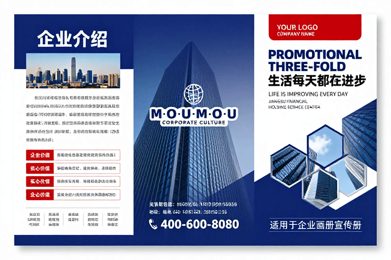 科技视觉素材：现代商务风三折页设计：深蓝渐变高端宣传册