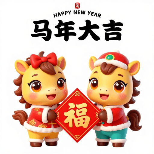 3D渲染风格素材：马年喜庆卡通新春：双童托福迎祥瑞