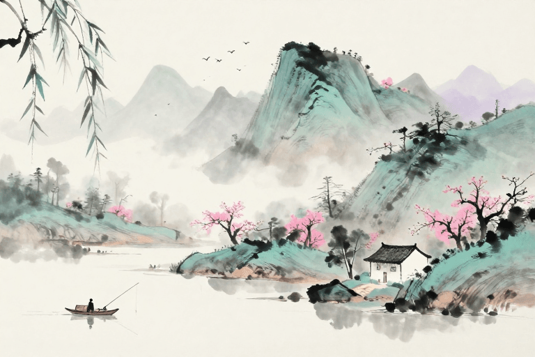 UI背景素材：水墨山水：青紫雾霭中的静谧东方意境