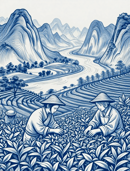 复古插画素材：靛蓝线描·茶山采茶复古插画