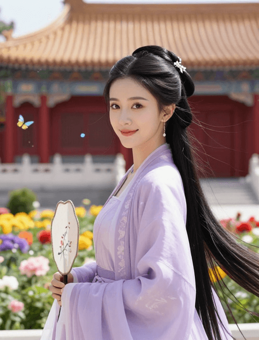 肖像摄影素材：紫衣古装美人：宫苑花影中的温婉画卷