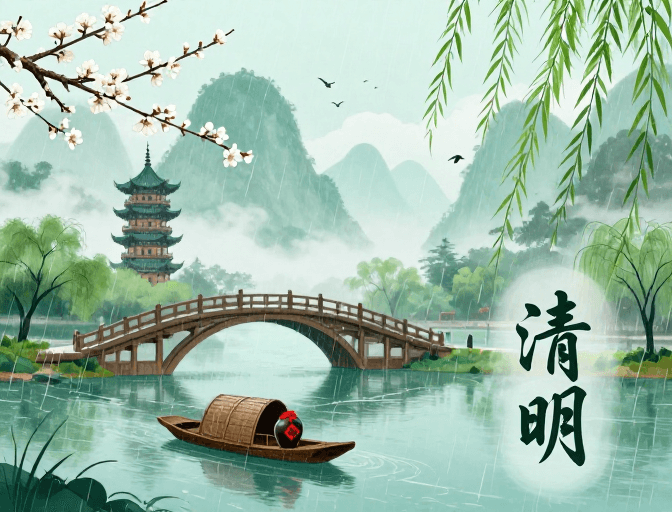 文化插画素材：江南春雨樱花桥·清明中国风雅韵