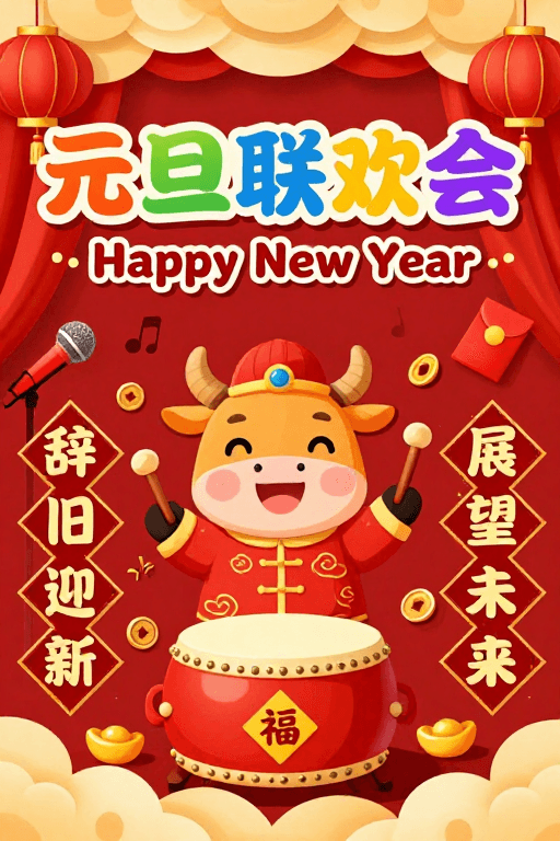 卡通设计素材：手绘风元旦联欢会海报，喜庆热闹迎新年