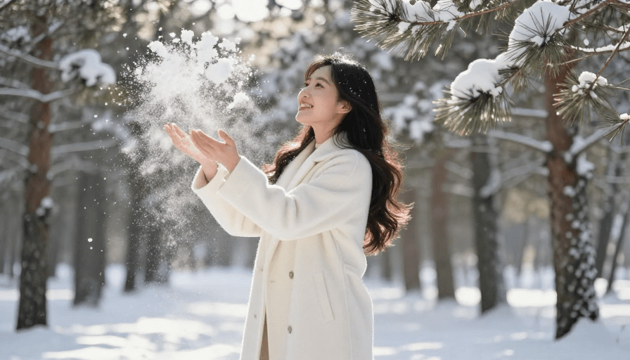 米白色大衣素材：冬日雪林：米白大衣下的温暖微笑与光影交织