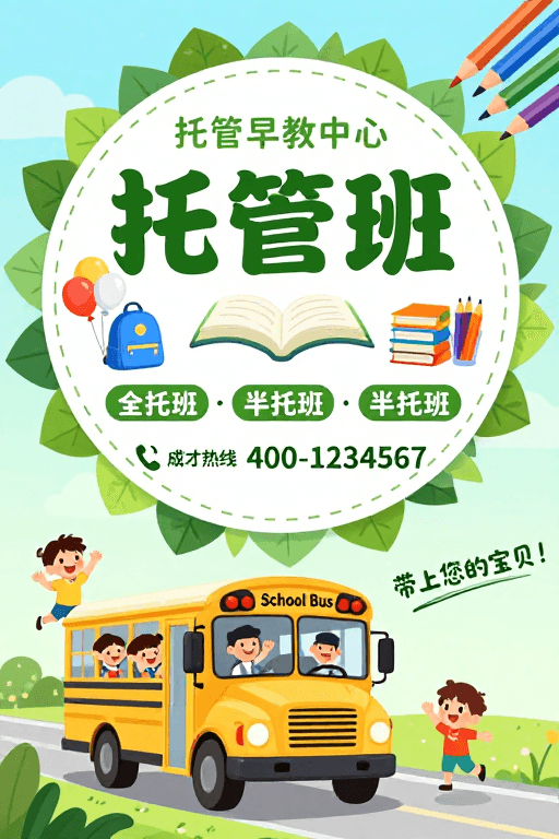 校园生活素材：托管早教中心招生海报：清新童趣开启快乐童年