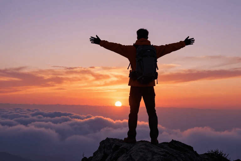 户外摄影素材：登山者拥抱夕阳，云海之巅的壮丽瞬间