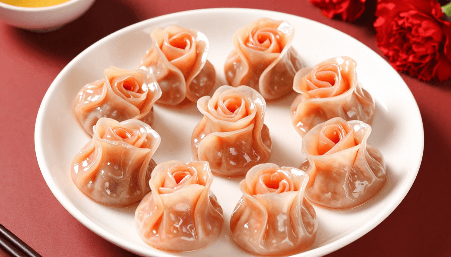 中式餐饮素材：九朵玫瑰蒸饺：中式美食艺术的璀璨呈现