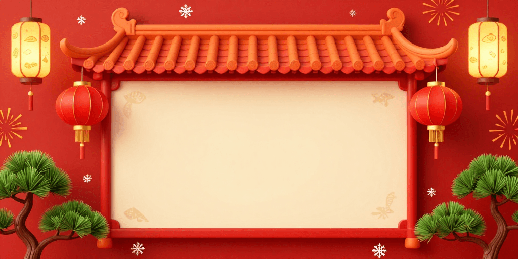 中国风装饰素材：喜庆中国风春节背景图：屋檐灯笼点缀红色节庆场景