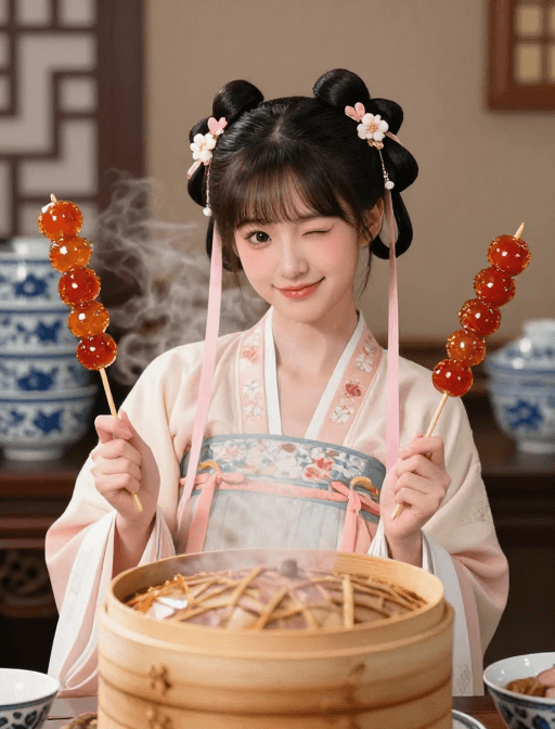 青花瓷元素素材：古韵小厨娘萌态立绘：糖葫芦与青花瓷的梦幻邂逅
