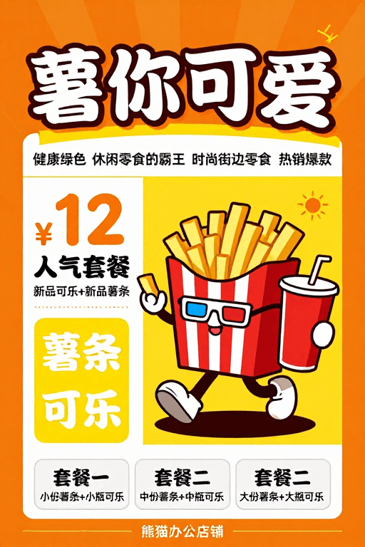 健康零食素材：复古漫画风薯条可乐促销海报