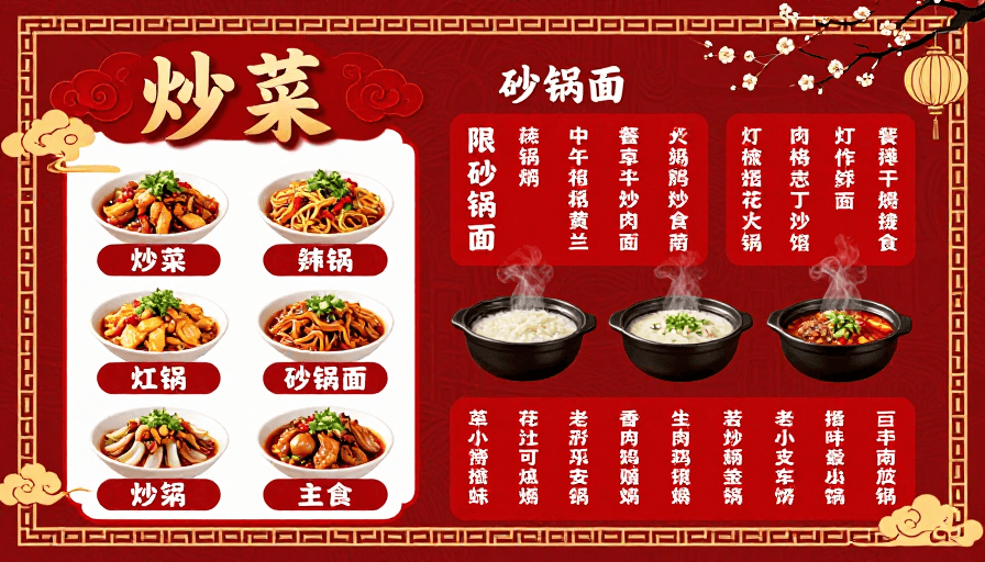菜单展示素材：中式喜庆菜单：红金配色彰显传统韵味