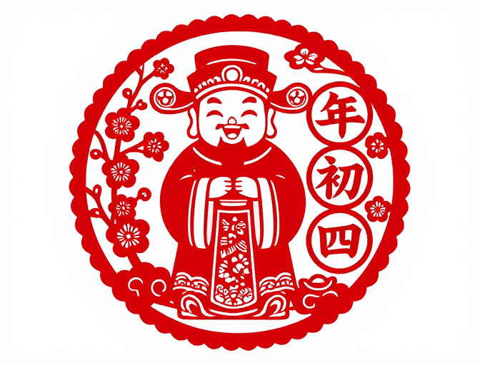 传统装饰素材：喜庆红运剪纸福神 年初四吉祥图案