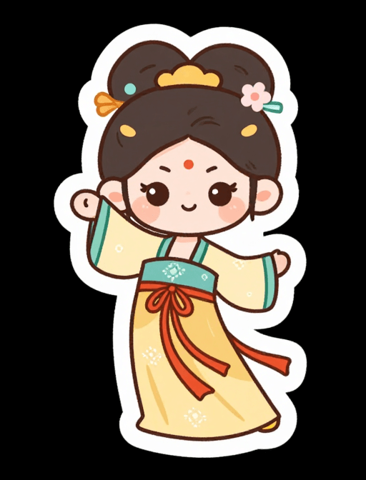 黑色背景素材：古风舞蹈：Q版卡通古代女子跳舞插图