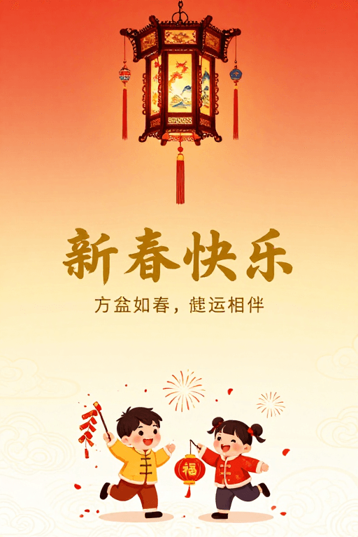 卡通儿童素材：新春喜庆：传统宫灯与童趣儿童贺岁插画