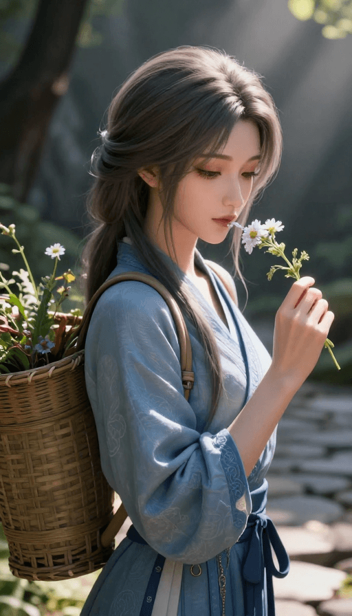 光影对比素材：幽林秘境：光影交织的古风草药少女
