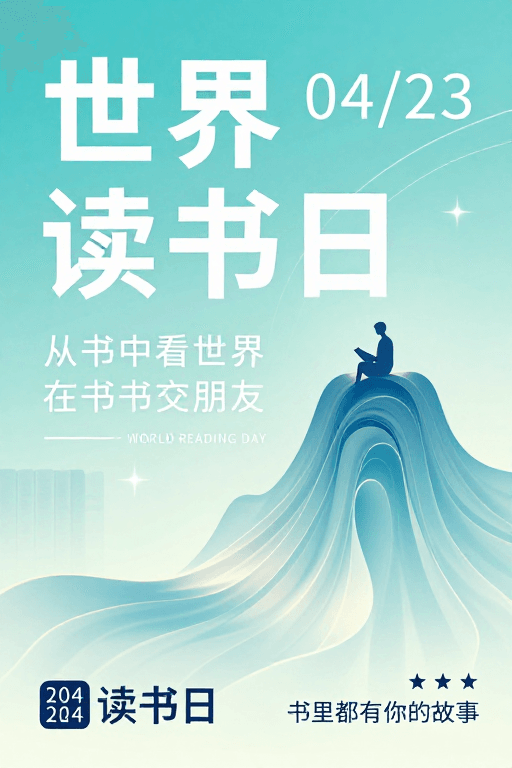 星空背景素材：世界读书日主题插画：梦幻书山与阅读者