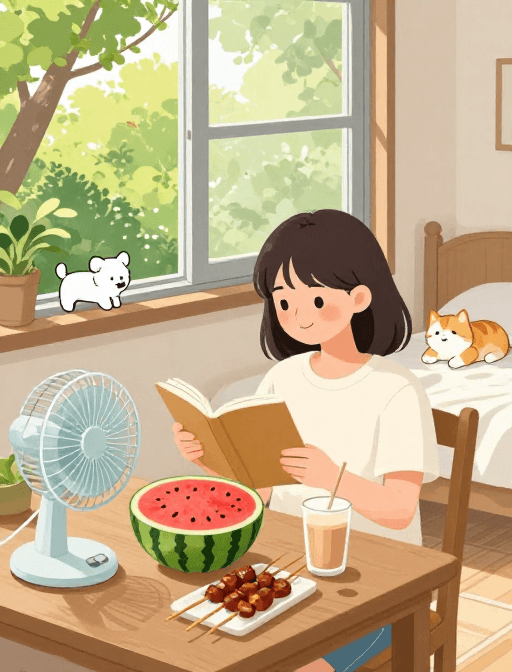 温馨家居素材：慵懒午后：阳光下的温馨生活插画