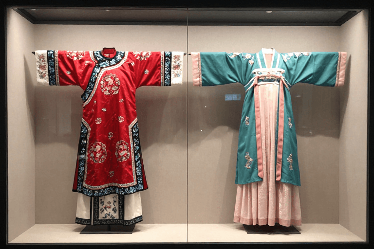 光影摄影素材：非遗服饰双套展陈，博物馆光影织绣之美