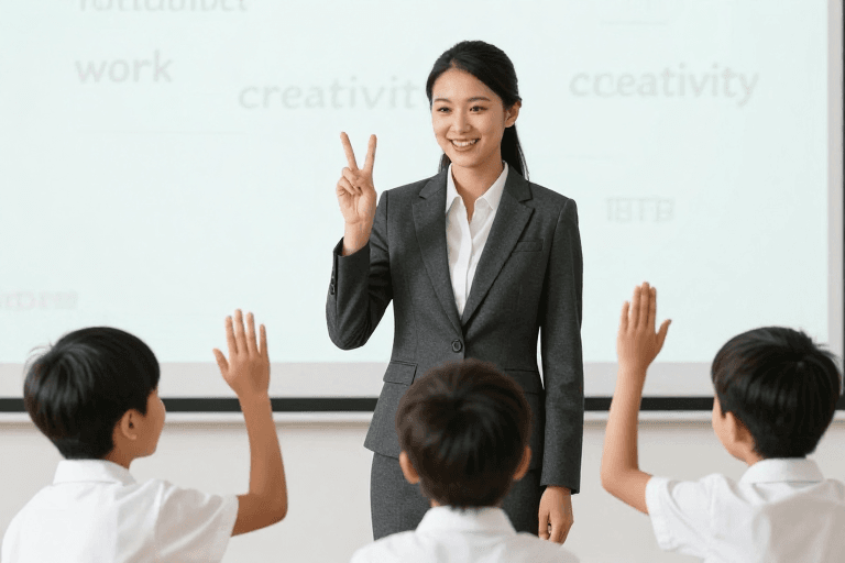 教师教学素材：教师微笑比V手势激励学生互动课堂瞬间