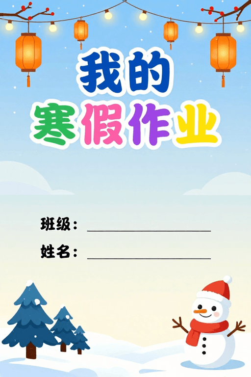 儿童教育素材：冬季清新寒假作业封面：活泼插画与节日氛围融合