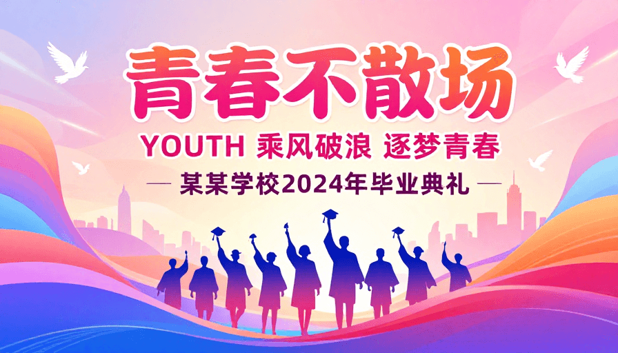 彩色渐变素材：青春不散场：2024毕业季热烈庆典插画