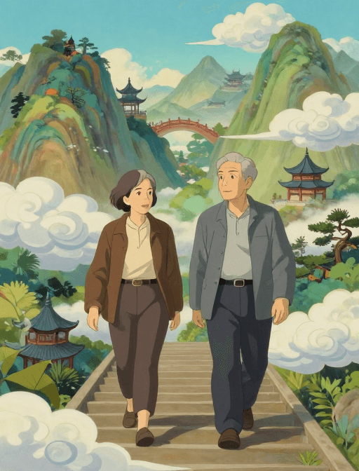 超现实插画素材：云绕古阶·吉卜力风中国老人插画