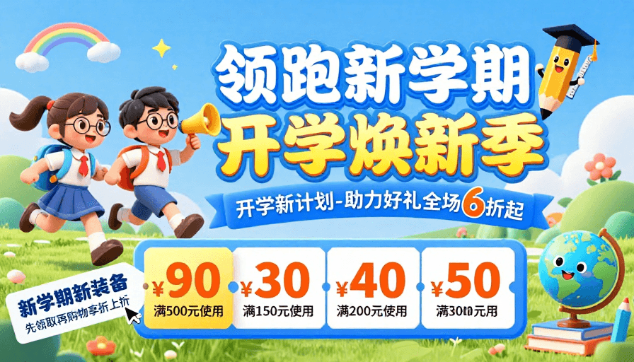 蓝色调素材：3D卡通风开学季促销海报：领跑新学期，焕新有礼